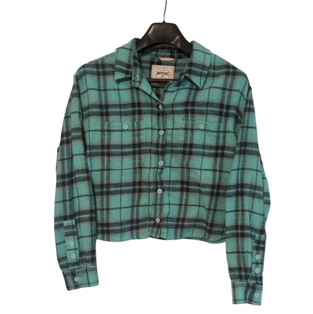 American Eagle Outfitters Turquoise Plaid Cropped Flannel Button Up